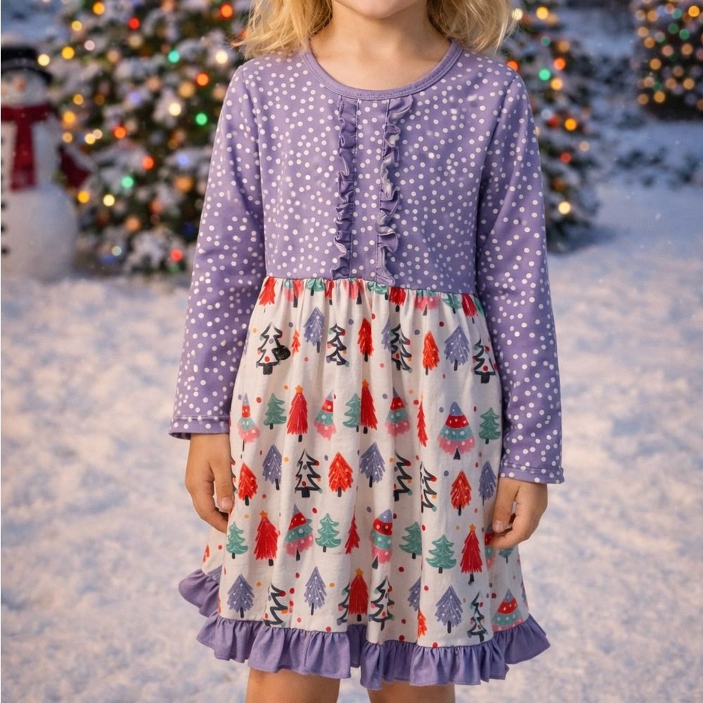 Purple Polka Dot and Festive Tree Dress